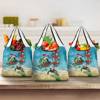 Hawaiian Mele Kalikimaka Grocery Bag Tropical Xmas Turtles Red Poinsettia Watercolor - Polynesian Pride