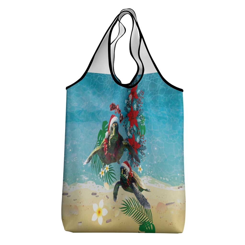 Hawaiian Mele Kalikimaka Grocery Bag Tropical Xmas Turtles Red Poinsettia Watercolor - Polynesian Pride