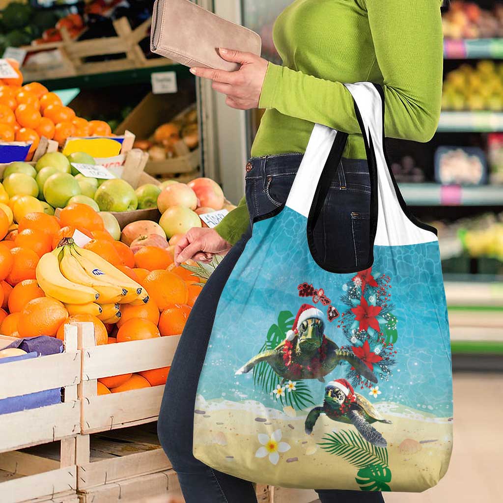 Hawaiian Mele Kalikimaka Grocery Bag Tropical Xmas Turtles Red Poinsettia Watercolor - Polynesian Pride