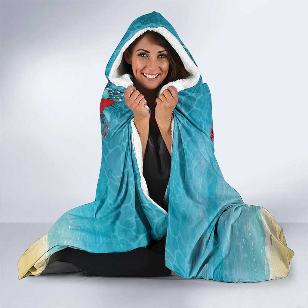 Hawaiian Mele Kalikimaka Hooded Blanket Tropical Xmas Turtles Red Poinsettia Watercolor - Polynesian Pride