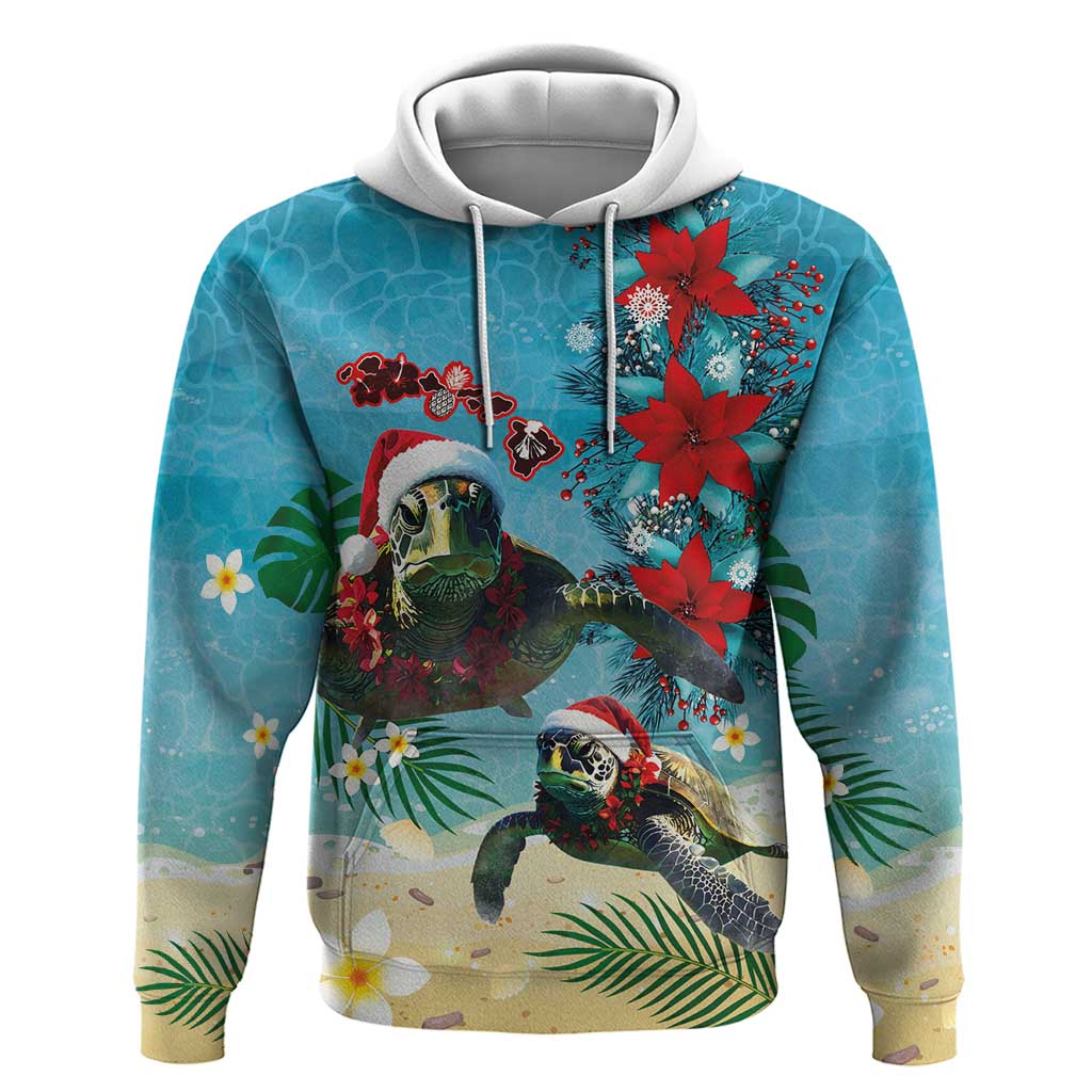 Hawaiian Mele Kalikimaka Hoodie Tropical Xmas Turtles Red Poinsettia Watercolor - Polynesian Pride