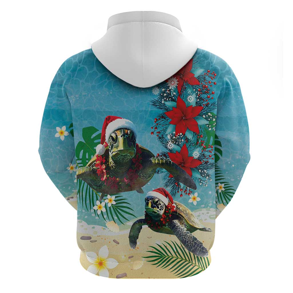 Hawaiian Mele Kalikimaka Hoodie Tropical Xmas Turtles Red Poinsettia Watercolor - Polynesian Pride