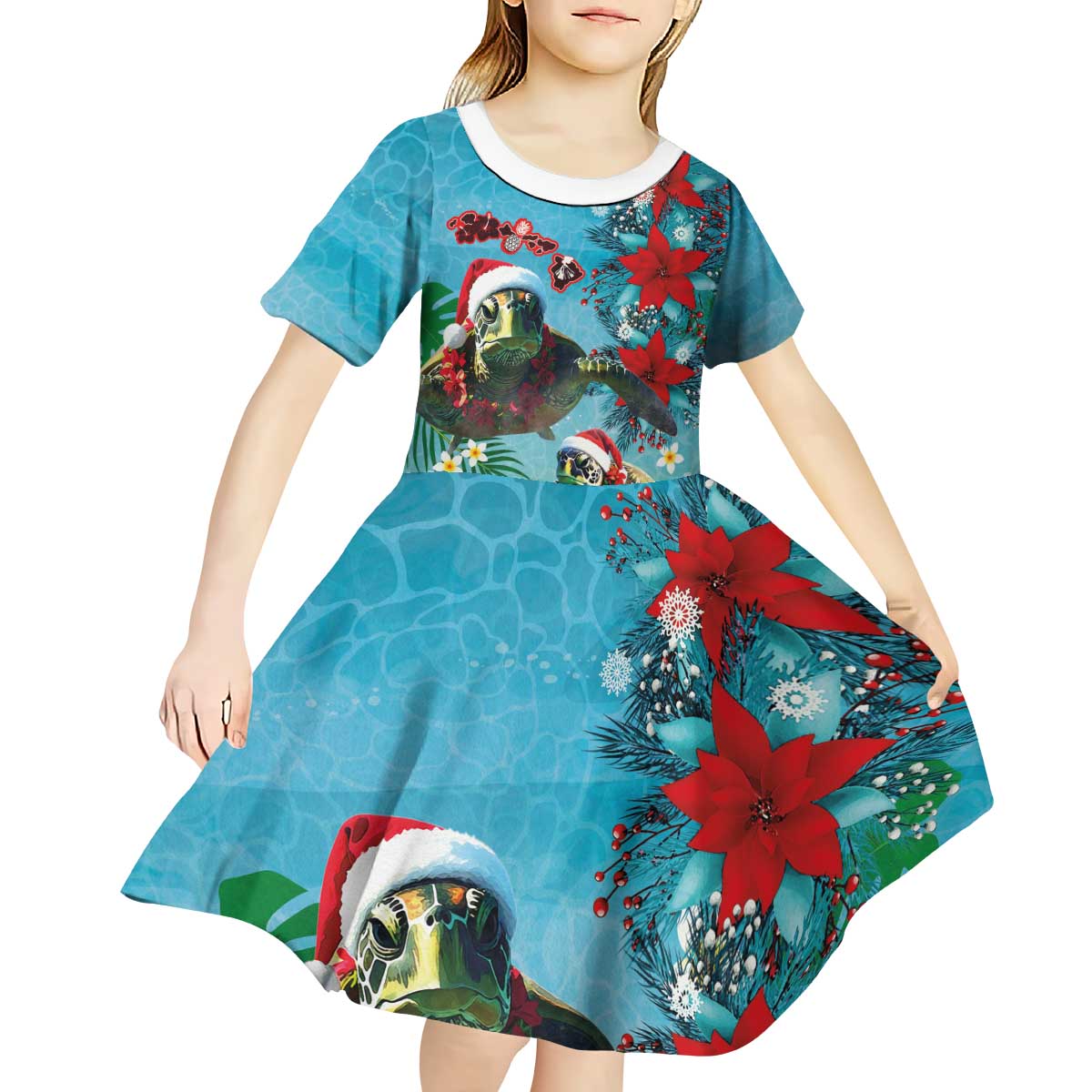 Hawaiian Mele Kalikimaka Kid Short Sleeve Dress Tropical Xmas Turtles Red Poinsettia Watercolor - Polynesian Pride