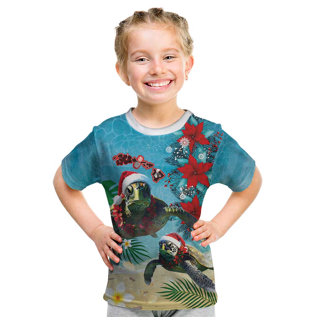 Hawaiian Mele Kalikimaka Kid T Shirt Tropical Xmas Turtles Red Poinsettia Watercolor - Polynesian Pride