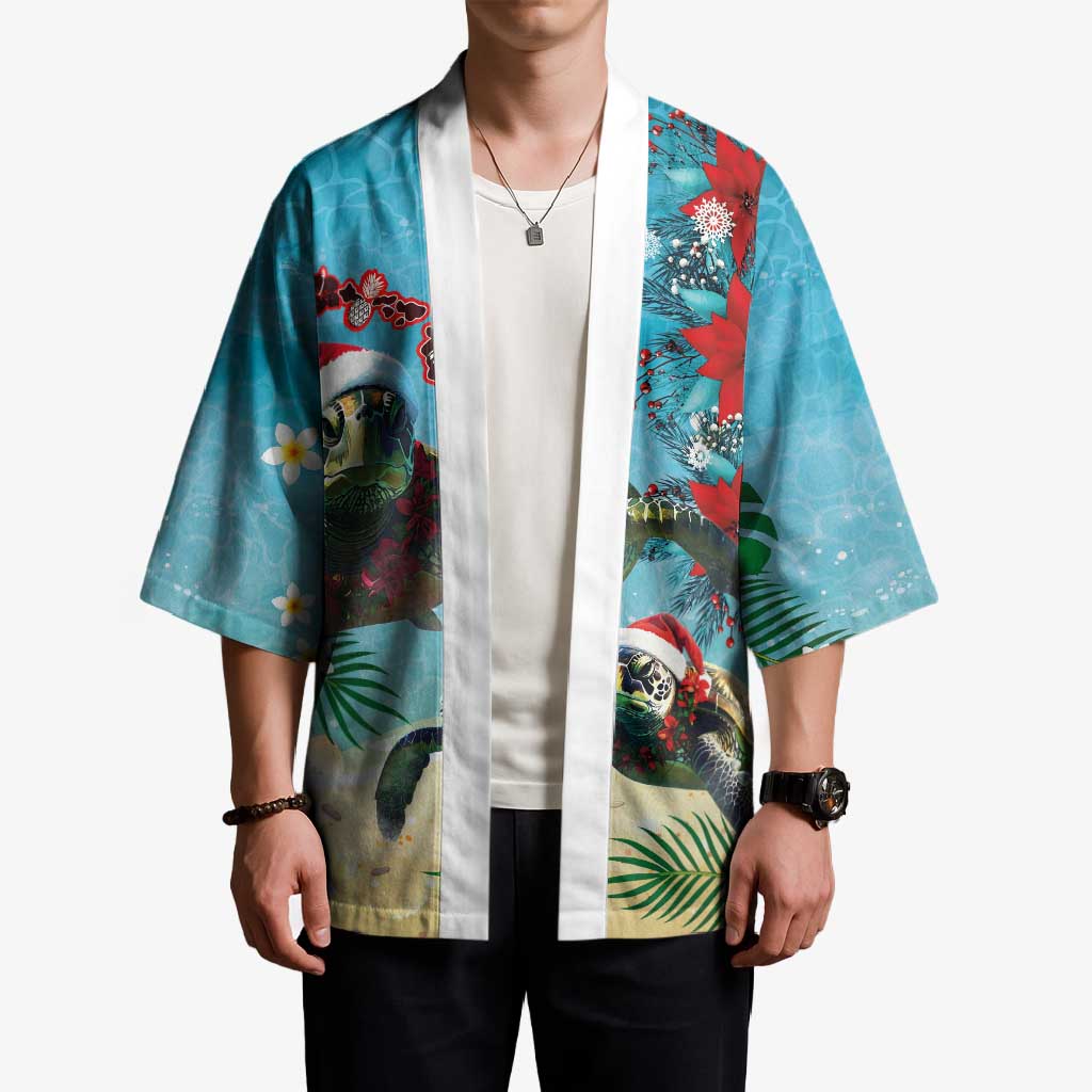 Hawaiian Mele Kalikimaka Kimono Tropical Xmas Turtles Red Poinsettia Watercolor - Polynesian Pride