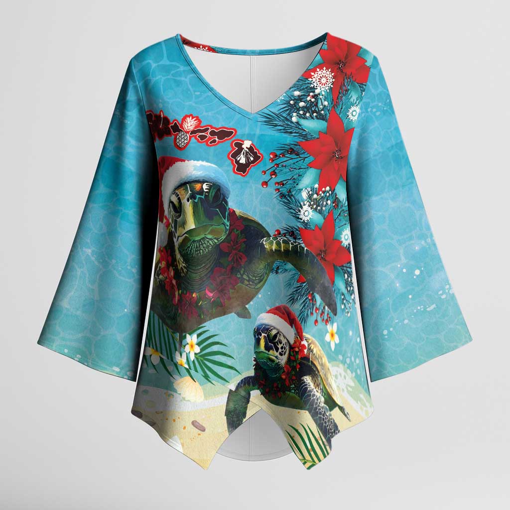 Hawaiian Mele Kalikimaka Kimono Sleeve Blouse Tropical Xmas Turtles Red Poinsettia Watercolor - Polynesian Pride