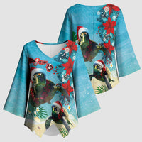 Hawaiian Mele Kalikimaka Kimono Sleeve Blouse Tropical Xmas Turtles Red Poinsettia Watercolor - Polynesian Pride