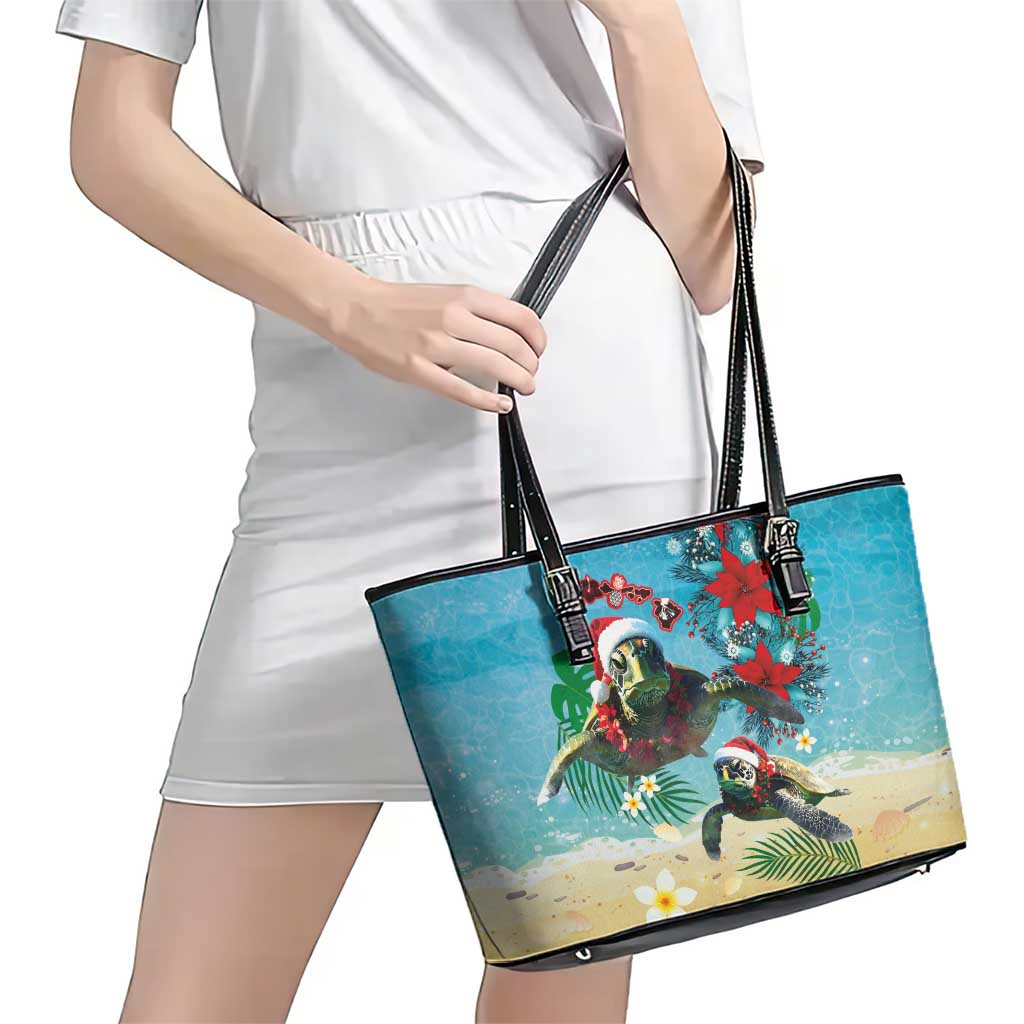 Hawaiian Mele Kalikimaka Leather Tote Bag Tropical Xmas Turtles Red Poinsettia Watercolor - Polynesian Pride