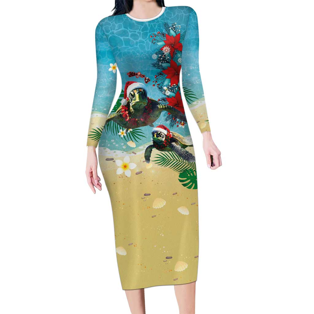 Hawaiian Mele Kalikimaka Long Sleeve Bodycon Dress Tropical Xmas Turtles Red Poinsettia Watercolor - Polynesian Pride