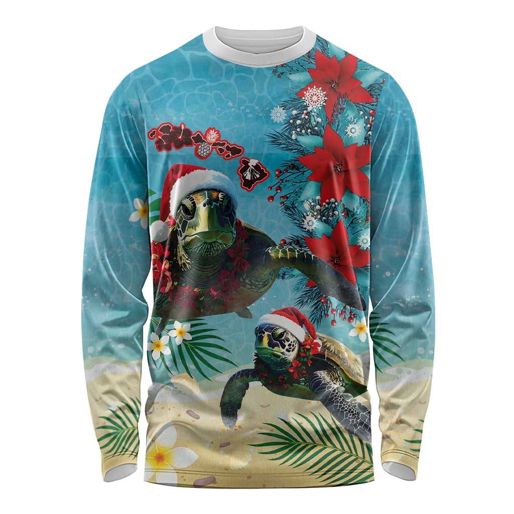 Hawaiian Mele Kalikimaka Long Sleeve Shirt Tropical Xmas Turtles Red Poinsettia Watercolor - Polynesian Pride