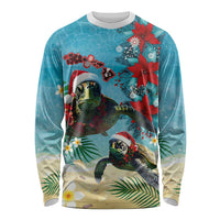 Hawaiian Mele Kalikimaka Long Sleeve Shirt Tropical Xmas Turtles Red Poinsettia Watercolor - Polynesian Pride