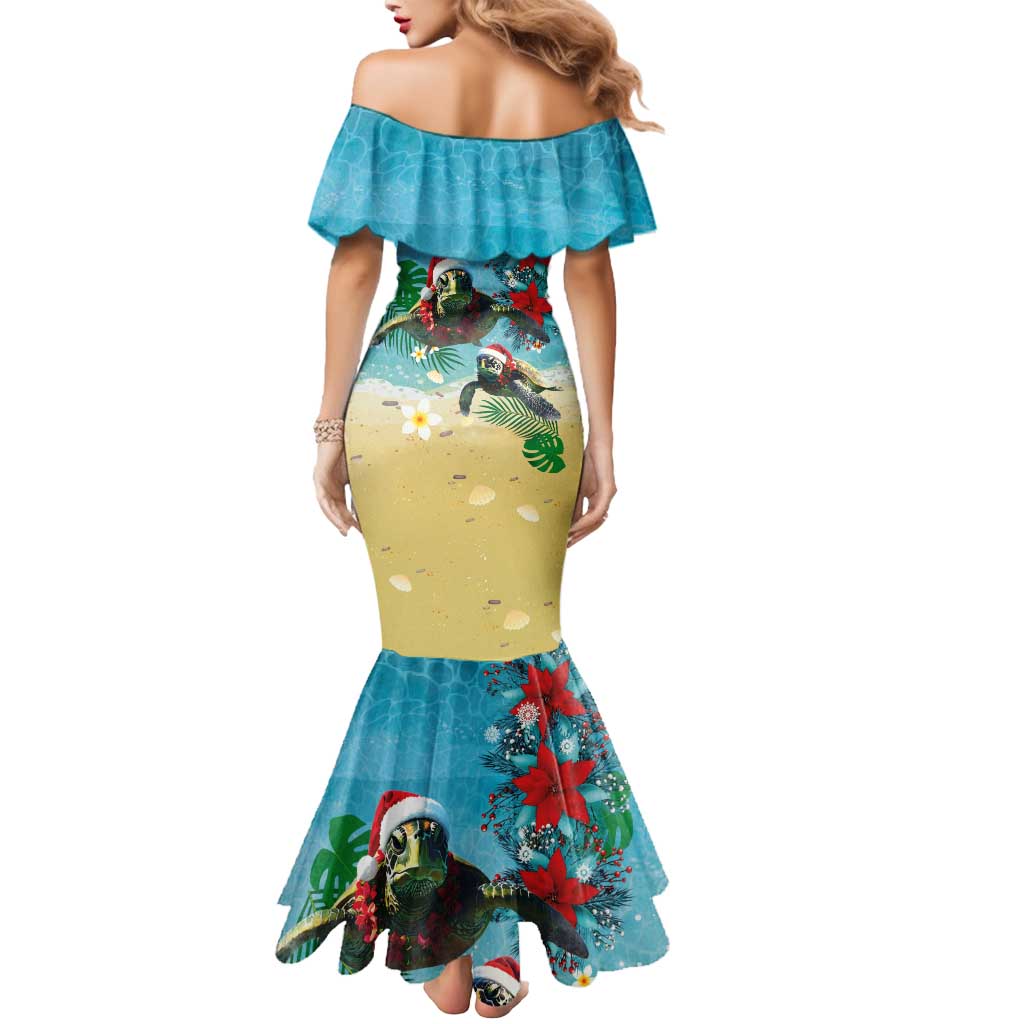 Hawaiian Mele Kalikimaka Mermaid Dress Tropical Xmas Turtles Red Poinsettia Watercolor - Polynesian Pride
