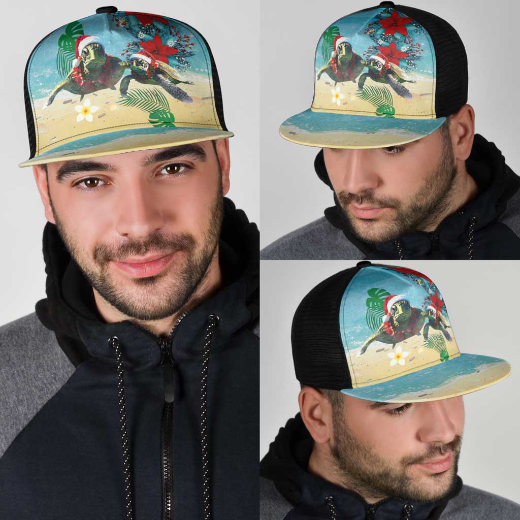 Hawaiian Mele Kalikimaka Mesh Trucker Cap Xmas Turtles and Tropical Plants with Red Poinsettia Watercolor Style - Polynesian Pride