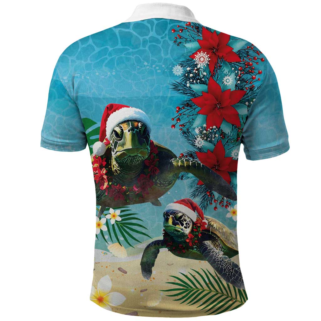 Hawaiian Mele Kalikimaka Polo Shirt Tropical Xmas Turtles Red Poinsettia Watercolor - Polynesian Pride