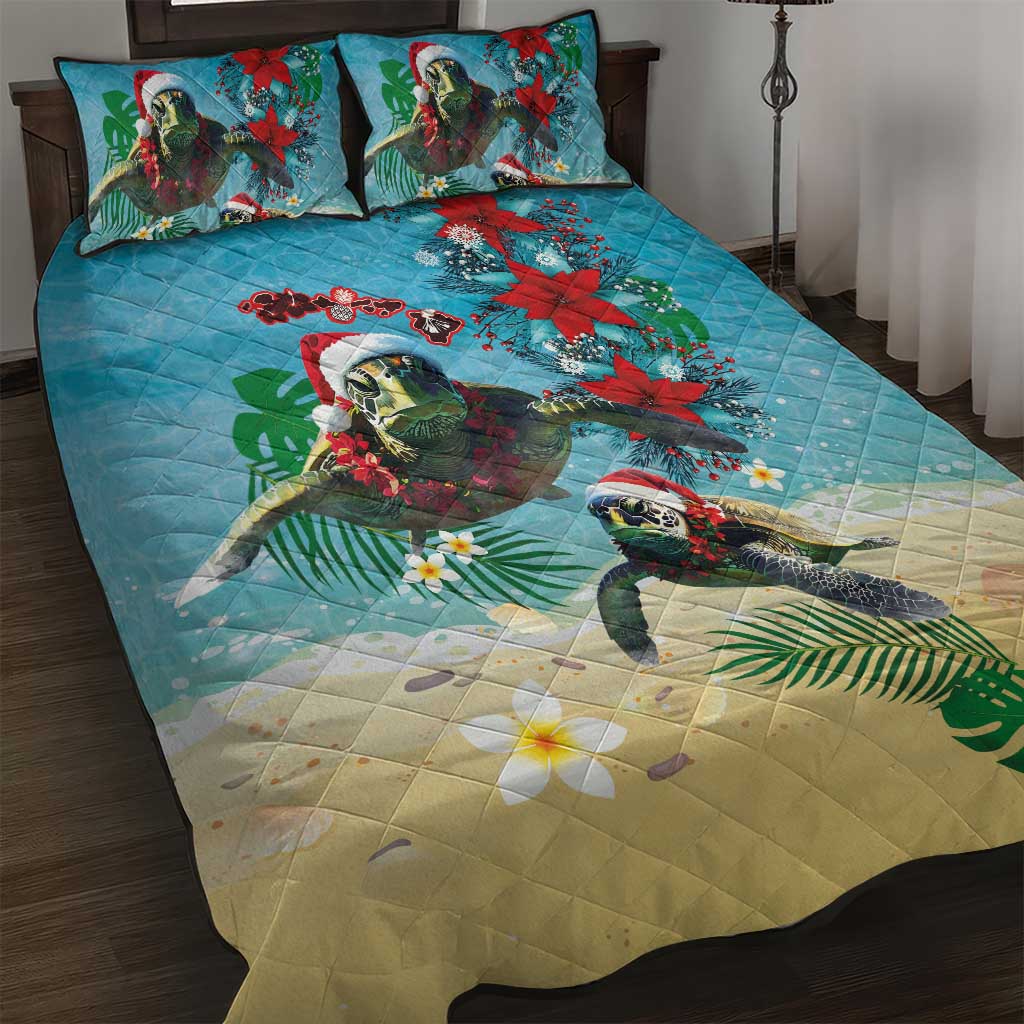 Hawaiian Mele Kalikimaka Quilt Bed Set Tropical Xmas Turtles Red Poinsettia Watercolor - Polynesian Pride