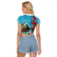 Hawaiian Mele Kalikimaka Raglan Cropped T Shirt Tropical Xmas Turtles Red Poinsettia Watercolor - Polynesian Pride