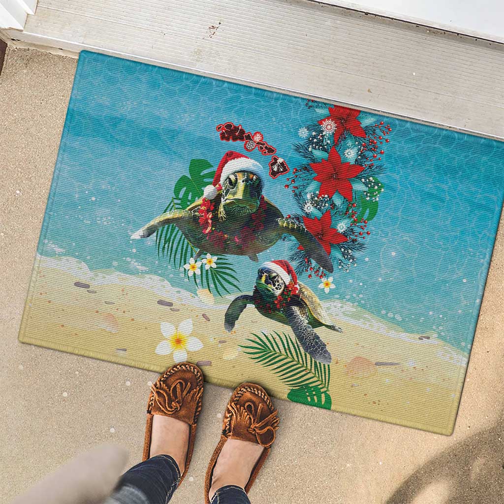 Hawaiian Mele Kalikimaka Rubber Doormat Tropical Xmas Turtles Red Poinsettia Watercolor - Polynesian Pride