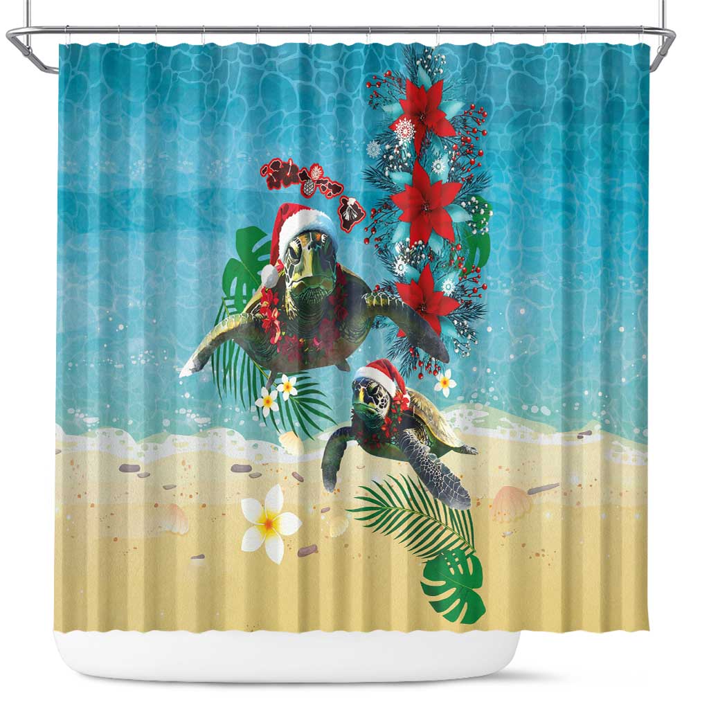 Hawaiian Mele Kalikimaka Shower Curtain Tropical Xmas Turtles Red Poinsettia Watercolor - Polynesian Pride