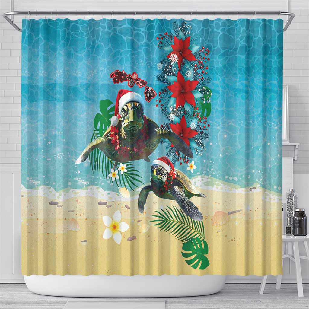 Hawaiian Mele Kalikimaka Shower Curtain Tropical Xmas Turtles Red Poinsettia Watercolor - Polynesian Pride