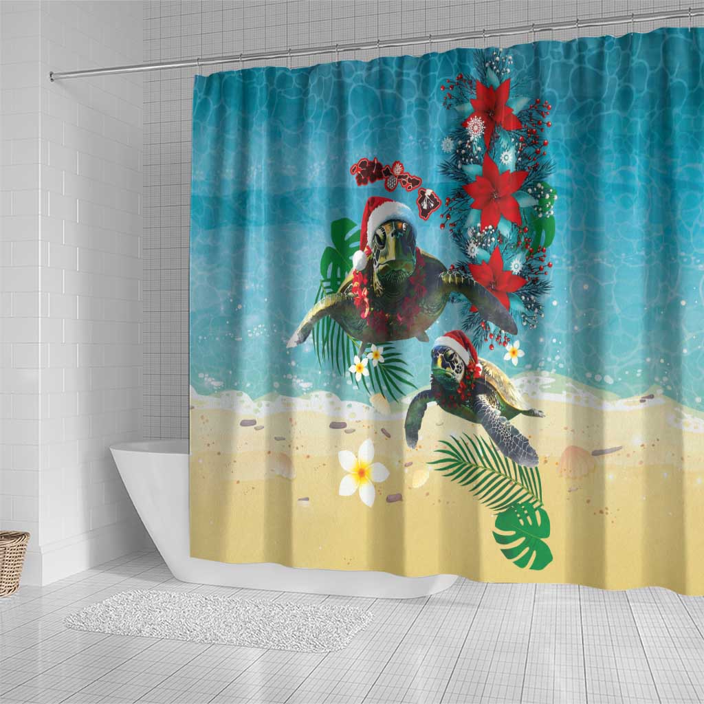 Hawaiian Mele Kalikimaka Shower Curtain Tropical Xmas Turtles Red Poinsettia Watercolor - Polynesian Pride