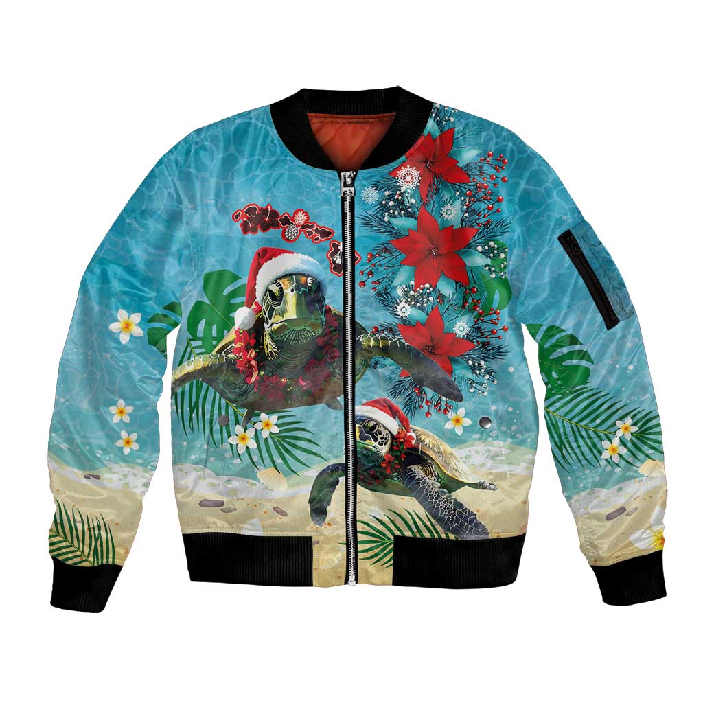 Hawaiian Mele Kalikimaka Sleeve Zip Bomber Jacket Tropical Xmas Turtles Red Poinsettia Watercolor - Polynesian Pride
