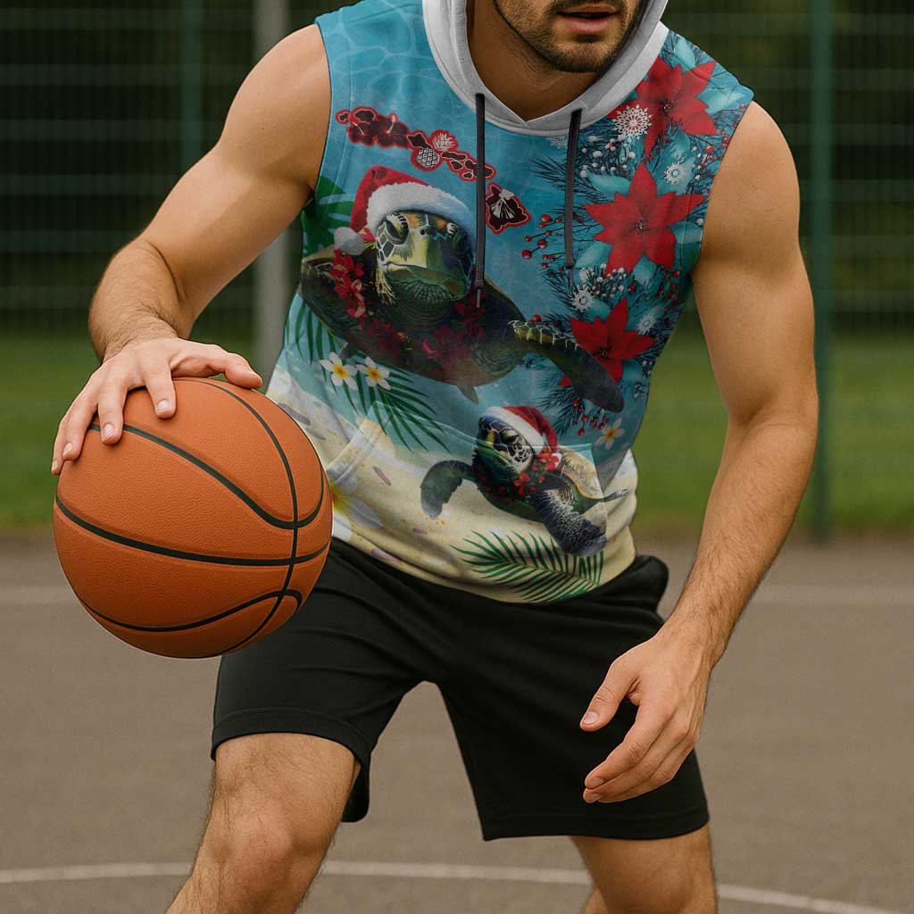 Hawaiian Mele Kalikimaka Sleeveless Hoodie Tropical Xmas Turtles Red Poinsettia Watercolor - Polynesian Pride