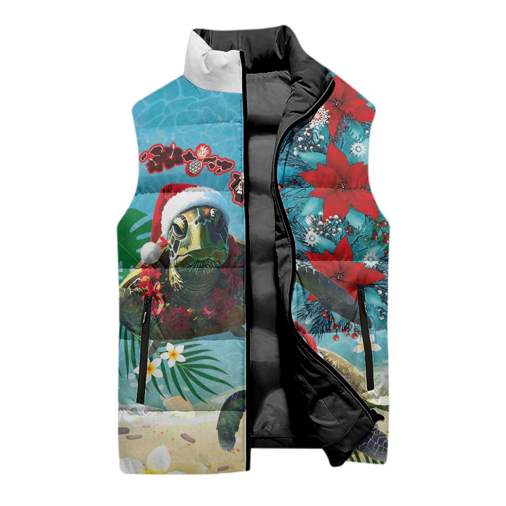 Hawaiian Mele Kalikimaka Sleeveless Puffer Jacket Tropical Xmas Turtles Red Poinsettia Watercolor - Polynesian Pride