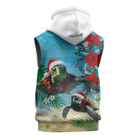 Hawaiian Mele Kalikimaka Sleeveless Zip Hoodie Tropical Xmas Turtles Red Poinsettia Watercolor LT03 - Polynesian Pride