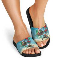 Hawaiian Mele Kalikimaka Slide Sandals Tropical Xmas Turtles Red Poinsettia Watercolor - Polynesian Pride