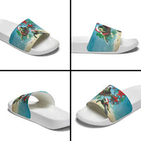 Hawaiian Mele Kalikimaka Slide Sandals Tropical Xmas Turtles Red Poinsettia Watercolor - Polynesian Pride