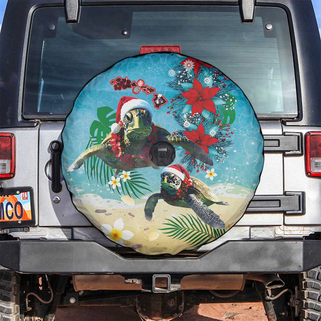 Hawaiian Mele Kalikimaka Spare Tire Cover Tropical Xmas Turtles Red Poinsettia Watercolor - Polynesian Pride