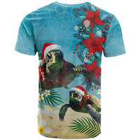 Hawaiian Mele Kalikimaka T Shirt Tropical Xmas Turtles Red Poinsettia Watercolor - Polynesian Pride