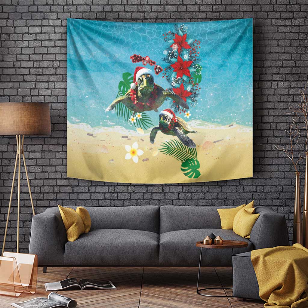 Hawaiian Mele Kalikimaka Tapestry Tropical Xmas Turtles Red Poinsettia Watercolor - Polynesian Pride