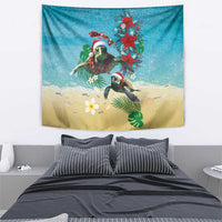 Hawaiian Mele Kalikimaka Tapestry Tropical Xmas Turtles Red Poinsettia Watercolor - Polynesian Pride