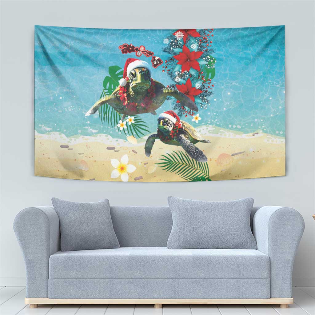 Hawaiian Mele Kalikimaka Tapestry Tropical Xmas Turtles Red Poinsettia Watercolor - Polynesian Pride