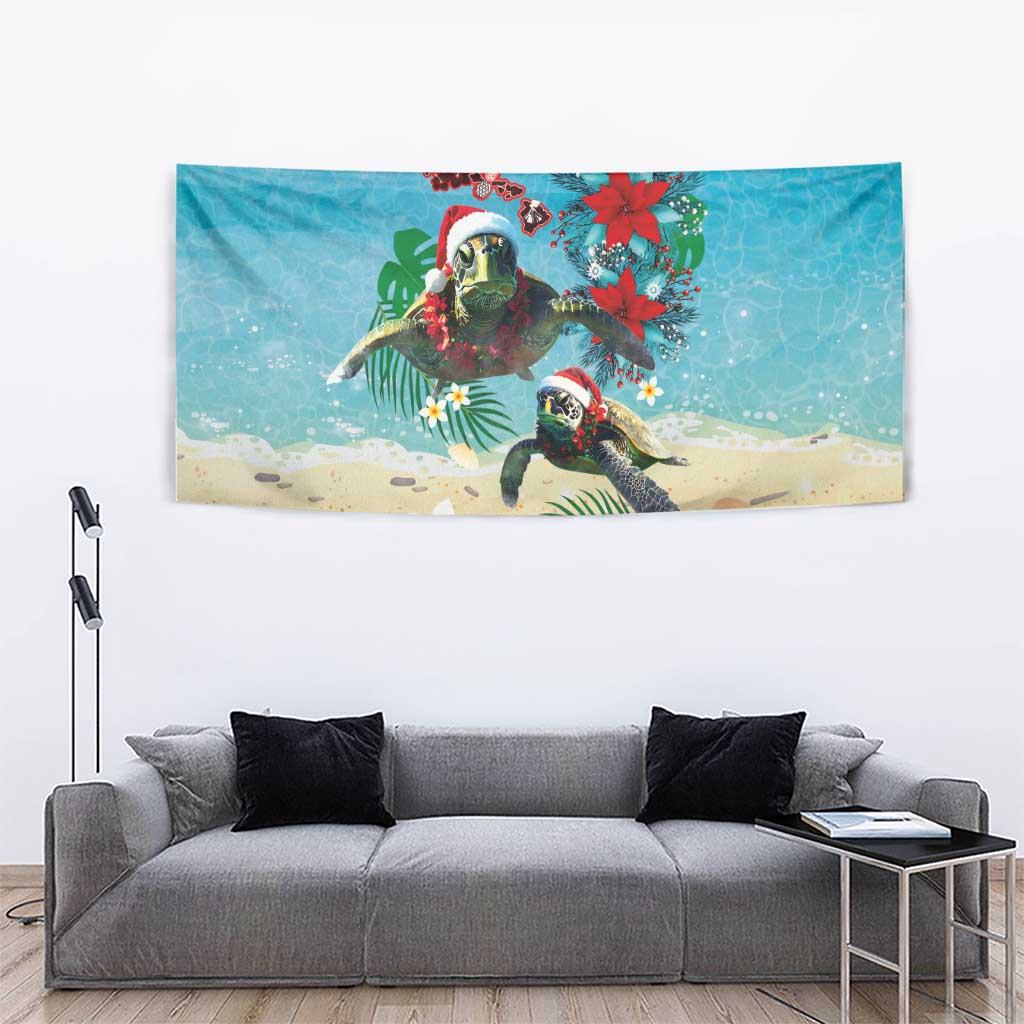 Hawaiian Mele Kalikimaka Tapestry Tropical Xmas Turtles Red Poinsettia Watercolor - Polynesian Pride