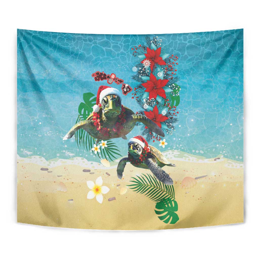 Hawaiian Mele Kalikimaka Tapestry Tropical Xmas Turtles Red Poinsettia Watercolor - Polynesian Pride