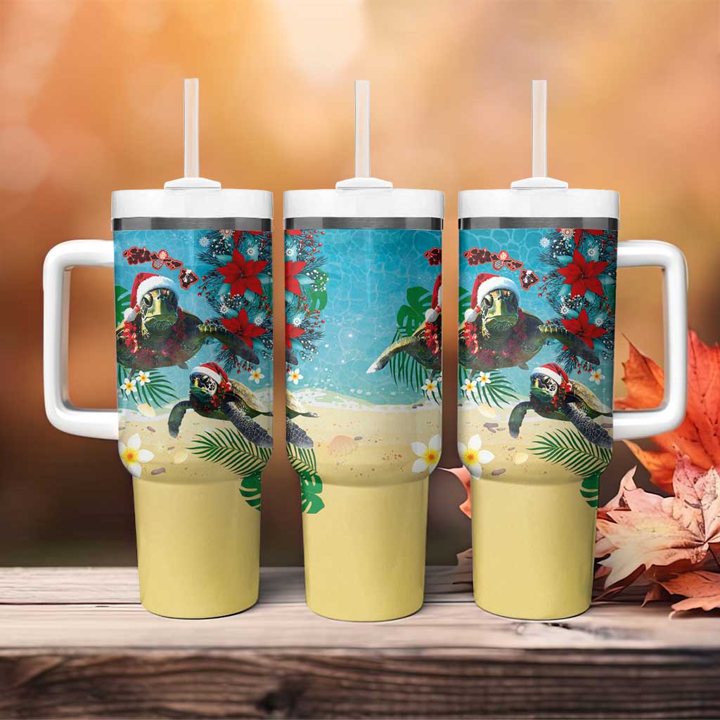 Hawaiian Mele Kalikimaka Tumbler With Handle Tropical Xmas Turtles Red Poinsettia Watercolor - Polynesian Pride