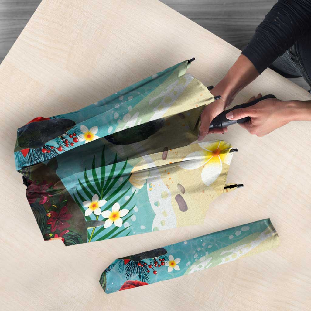 Hawaiian Mele Kalikimaka Umbrella Tropical Xmas Turtles Red Poinsettia Watercolor - Polynesian Pride