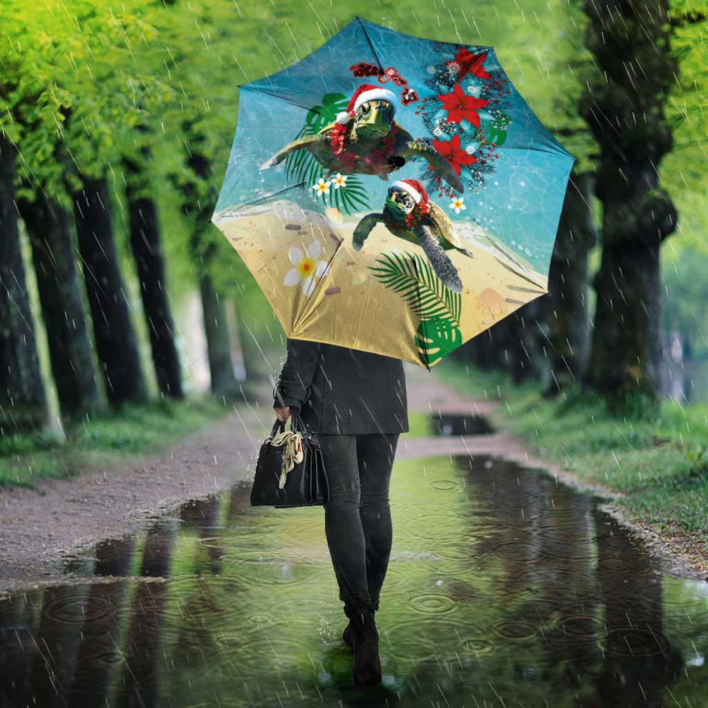 Hawaiian Mele Kalikimaka Umbrella Tropical Xmas Turtles Red Poinsettia Watercolor - Polynesian Pride