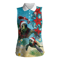 Hawaiian Mele Kalikimaka Women Sleeveless Polo Shirt Tropical Xmas Turtles Red Poinsettia Watercolor - Polynesian Pride