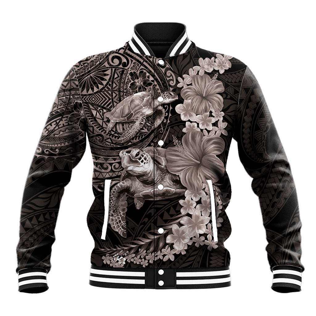 Hawaiian Plumeria and Hibiscus with Turtles Baseball Jacket Polynesian Art Grayscale - Polynesian Pride