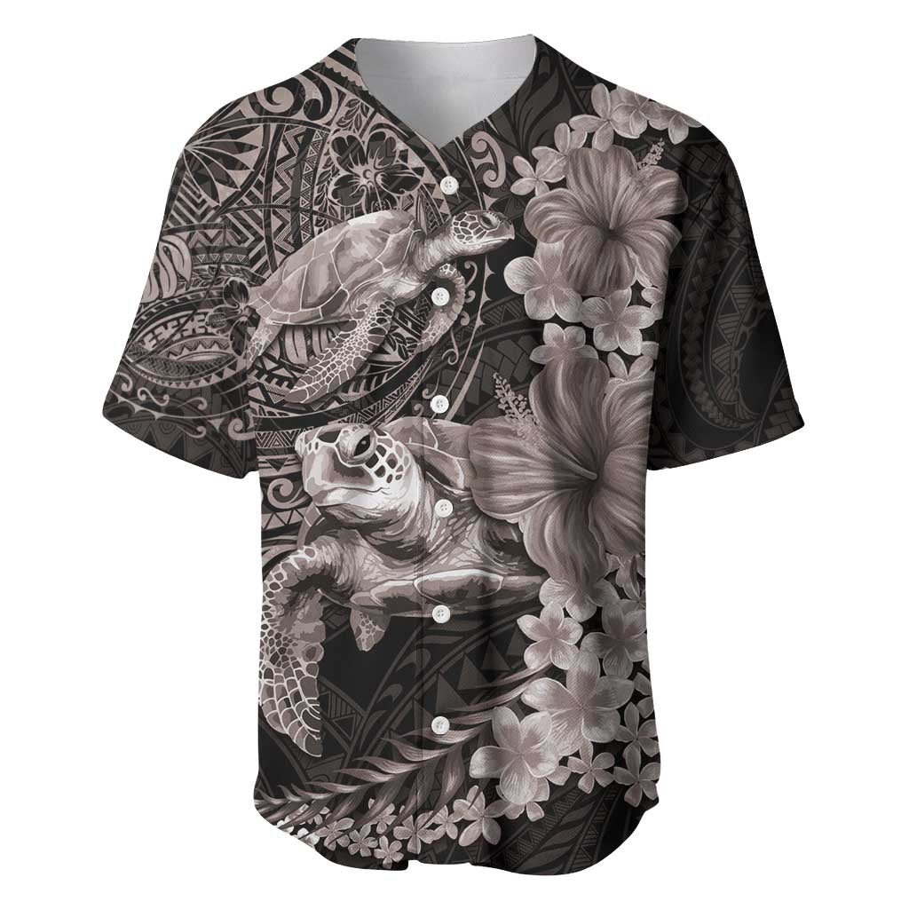 Hawaiian Plumeria and Hibiscus with Turtles Baseball Jersey Polynesian Art Grayscale - Polynesian Pride