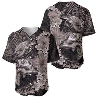 Hawaiian Plumeria and Hibiscus with Turtles Baseball Jersey Polynesian Art Grayscale - Polynesian Pride