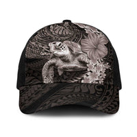 Hawaiian Plumeria and Hibiscus with Turtles Baseball Net Cap Polynesian Art Grayscale - Polynesian Pride
