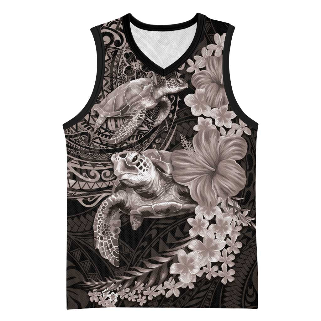 Hawaiian Plumeria and Hibiscus with Turtles Basketball Jersey Polynesian Art Grayscale - Polynesian Pride