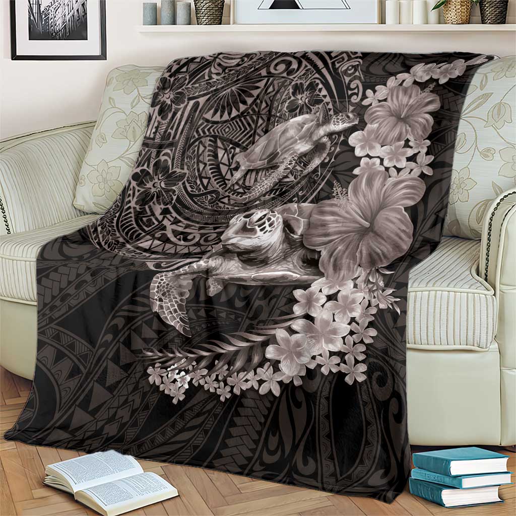 Hawaiian Plumeria and Hibiscus with Turtles Blanket Polynesian Art Grayscale - Polynesian Pride