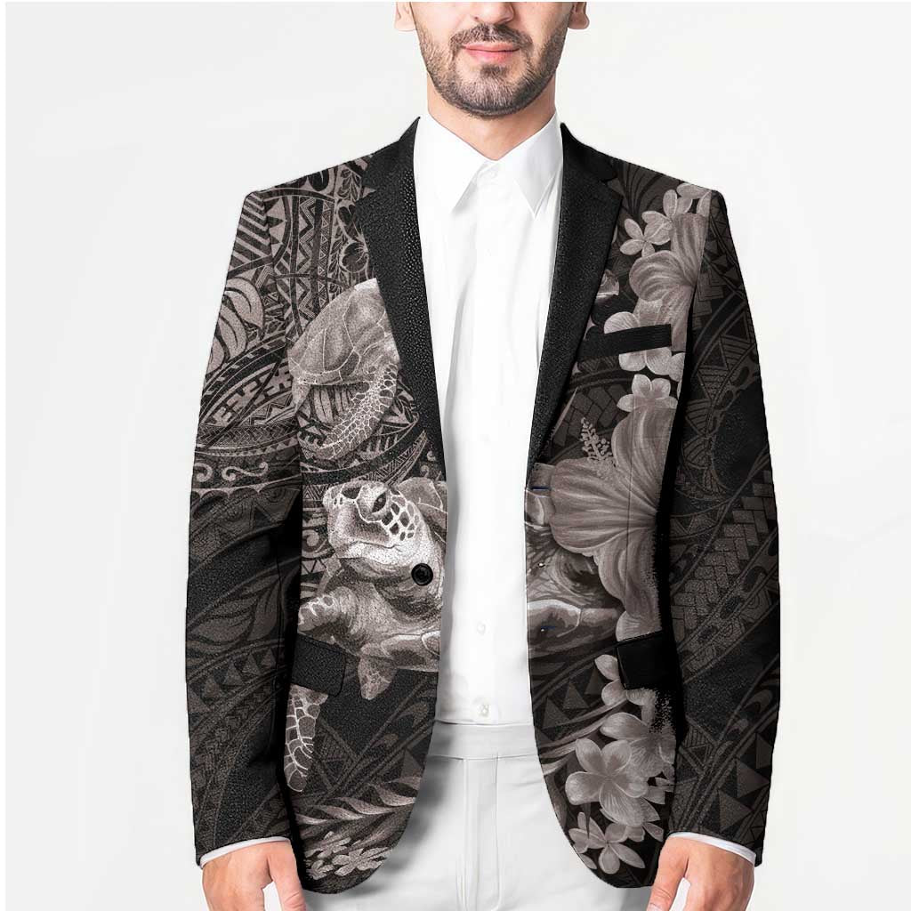 Hawaiian Plumeria and Hibiscus with Turtles Blazer Polynesian Art Grayscale - Polynesian Pride