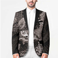 Hawaiian Plumeria and Hibiscus with Turtles Blazer Polynesian Art Grayscale - Polynesian Pride
