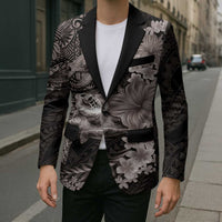 Hawaiian Plumeria and Hibiscus with Turtles Blazer Polynesian Art Grayscale - Polynesian Pride